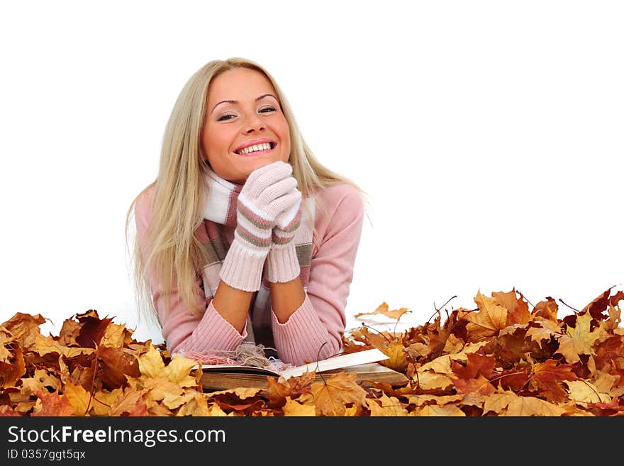 Autumn woman read in studio on leaves