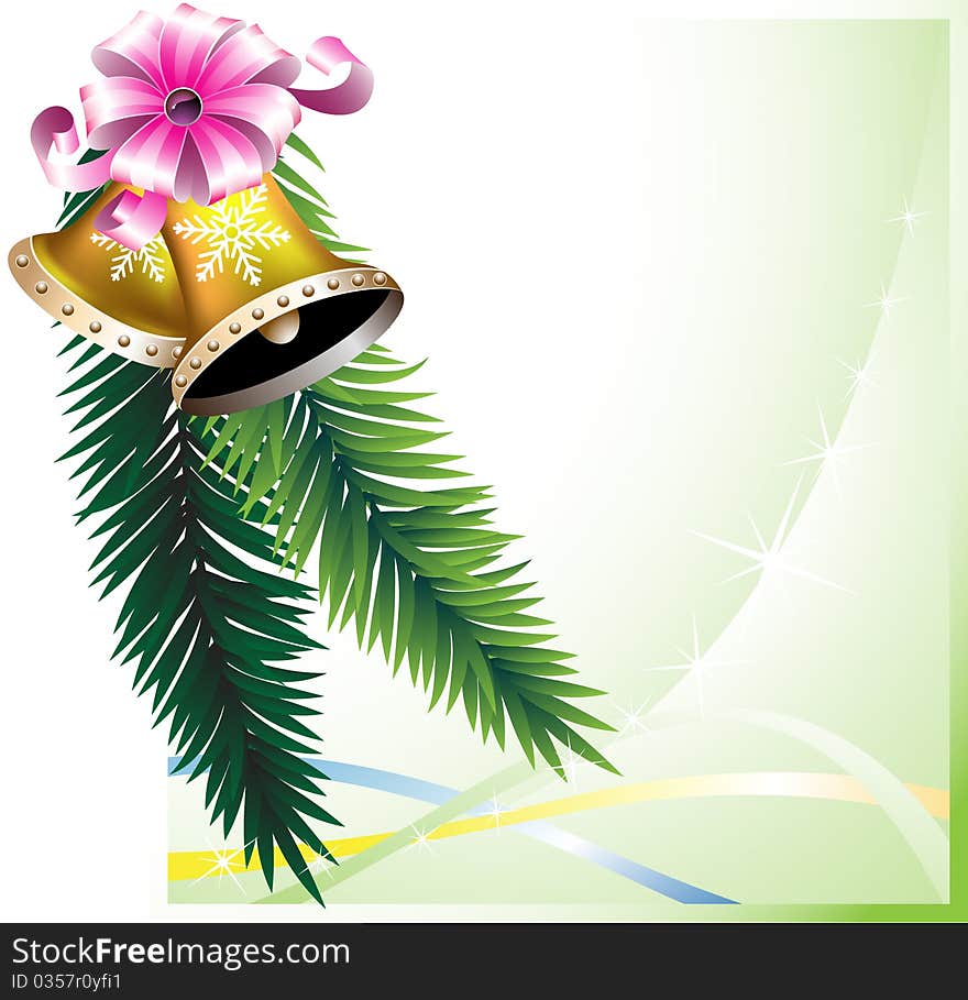 Bells and a sprig of fir on a green background. Bells and a sprig of fir on a green background