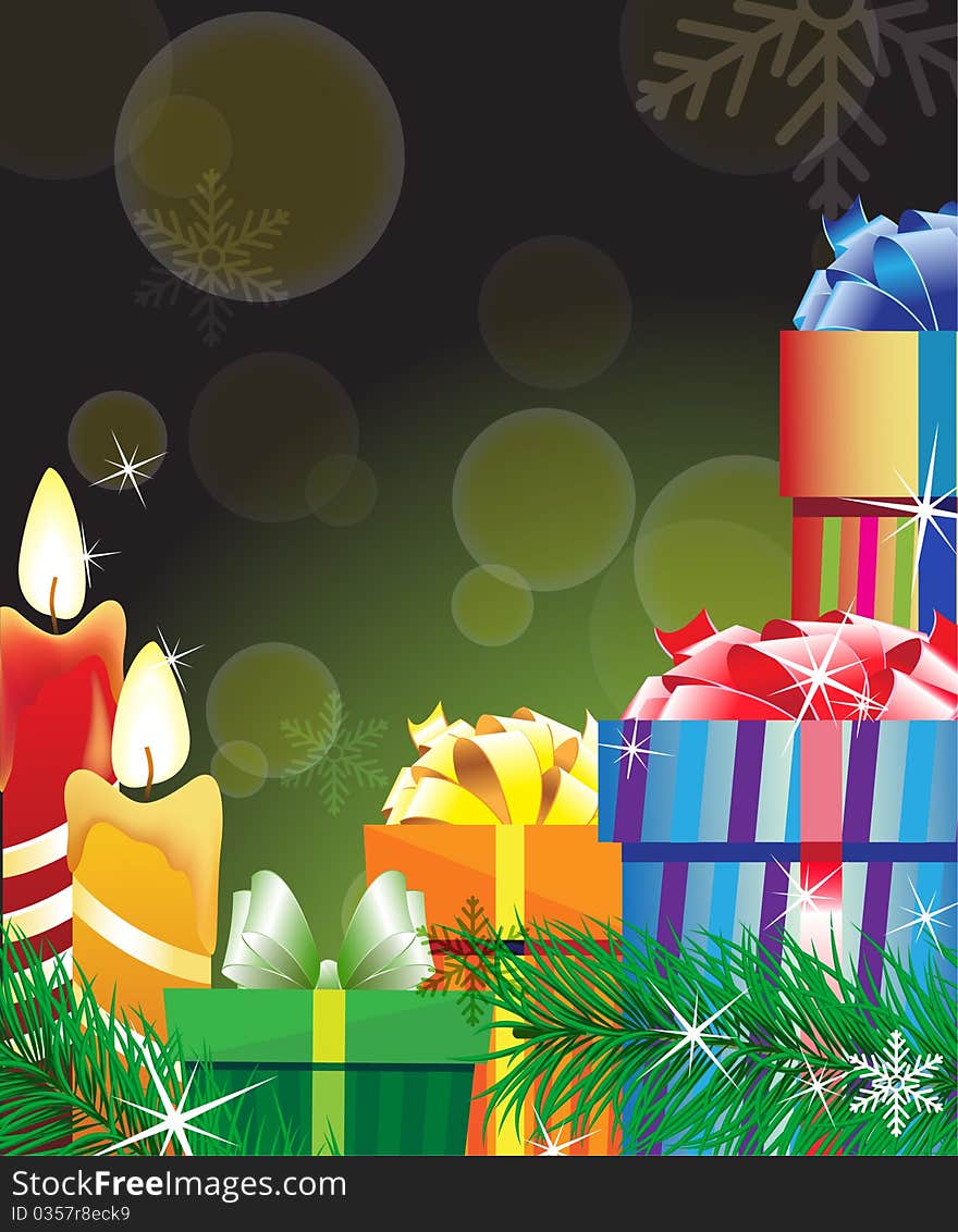 Burning candles and gift boxes on a magic green background. Burning candles and gift boxes on a magic green background