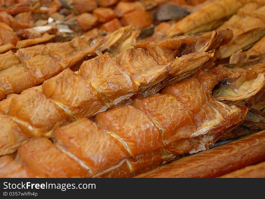 Fresh smoked fish in the store