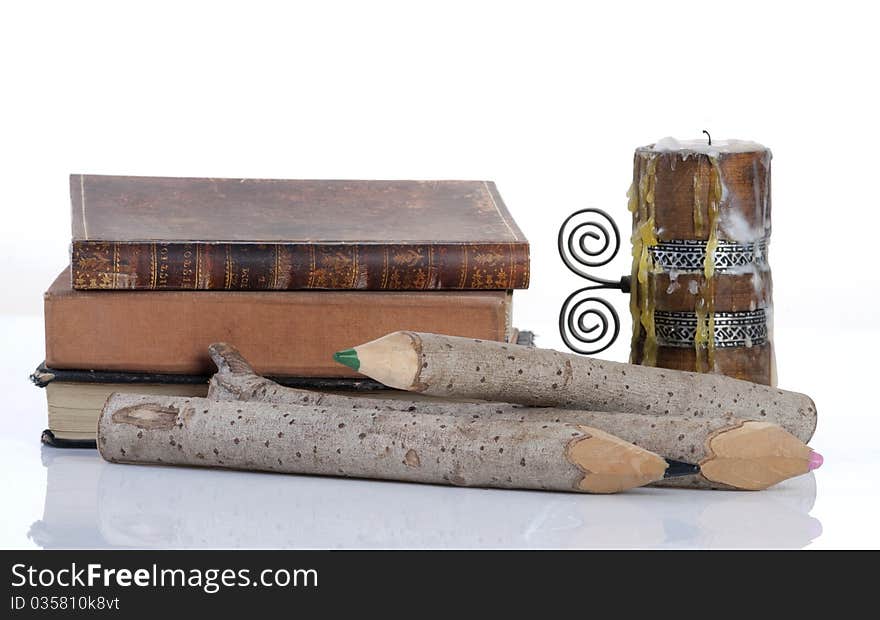 Vintage Books, Wooden Pencils And Candle