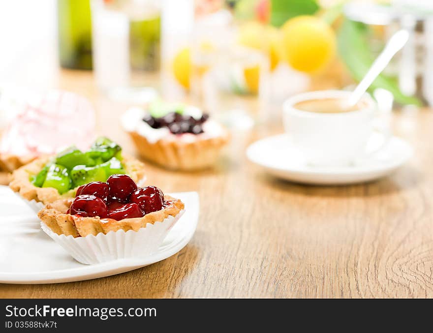 Dessert made of fruit and coffee cup. Dessert made of fruit and coffee cup