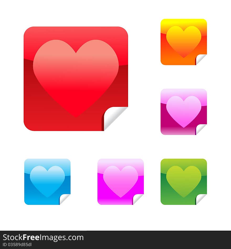 Hearts set of square glossy stickers with corner. Vector illustration. EPS8. Hearts set of square glossy stickers with corner. Vector illustration. EPS8