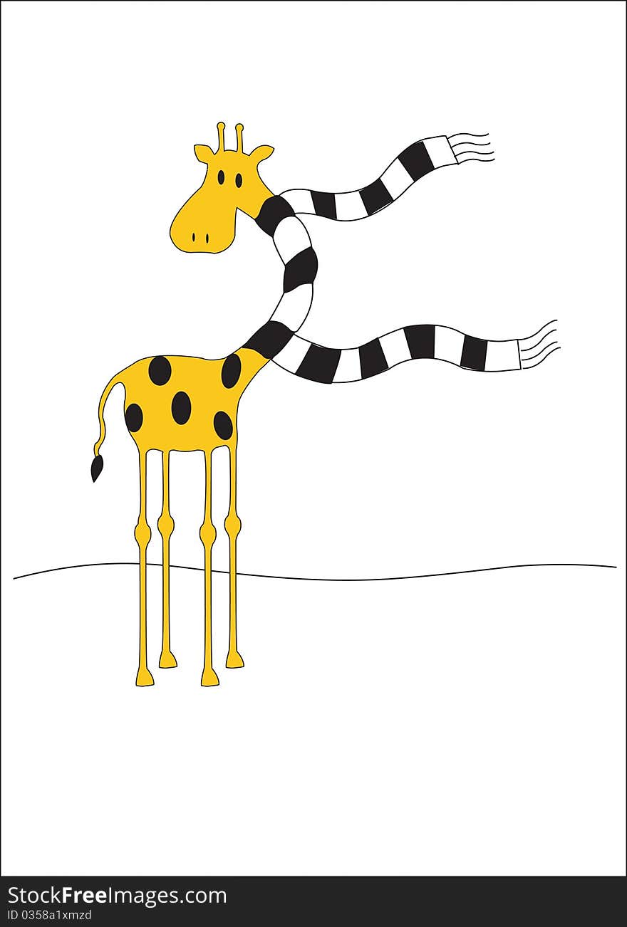 Giraffe wearing a very long black and white scarf. Giraffe wearing a very long black and white scarf