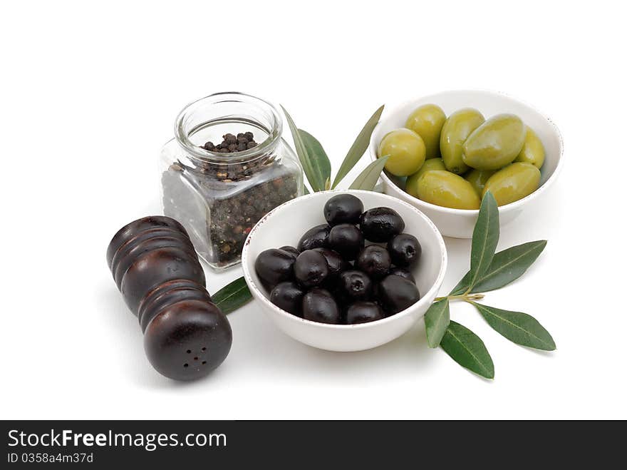 Olives, garlic, salt and bread isolated over white