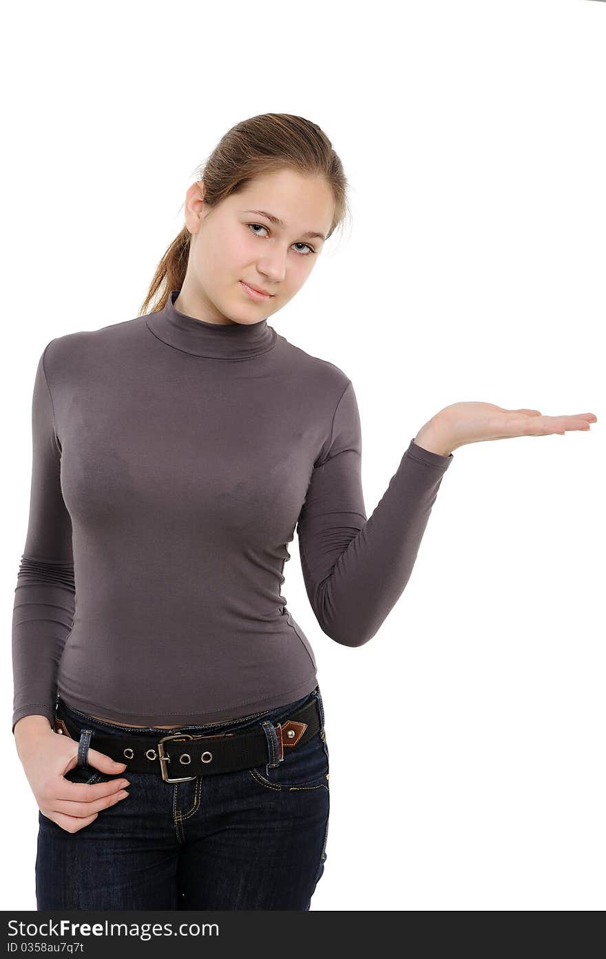 Young woman holding hand presenting a product. On a white background