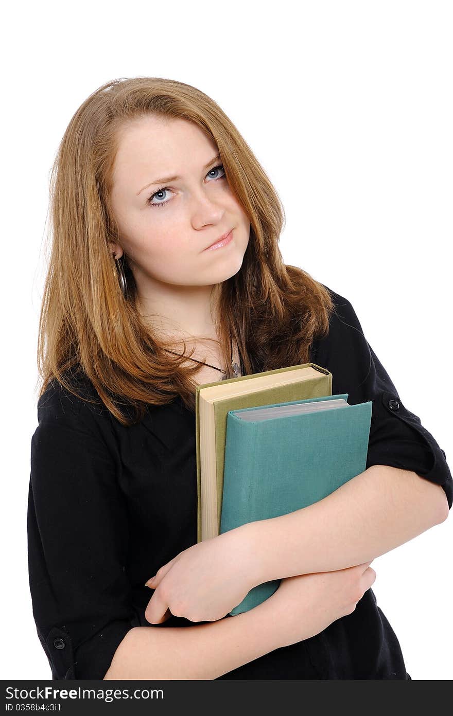 Girl with books, reflects,on a white background