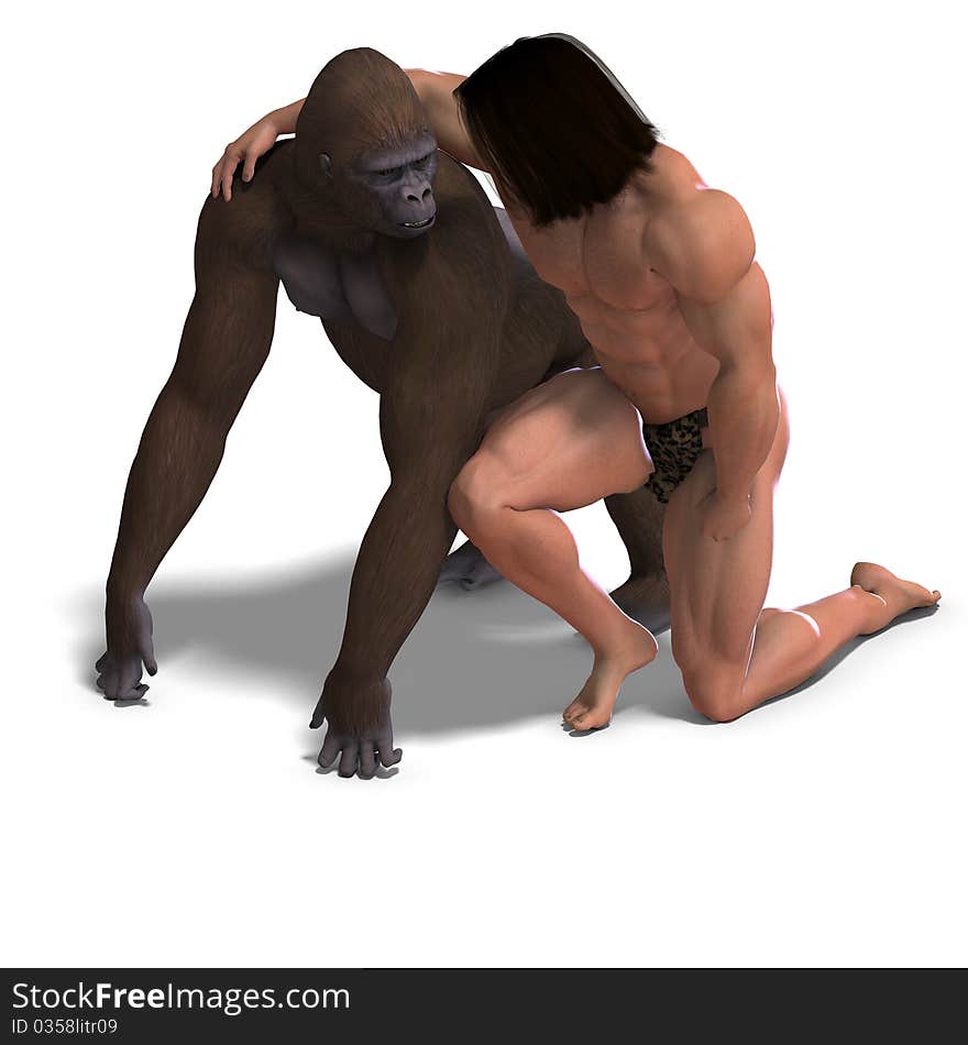 The apeman and the gorilla are ground friends. 3D rendering with clipping path and shadow over white