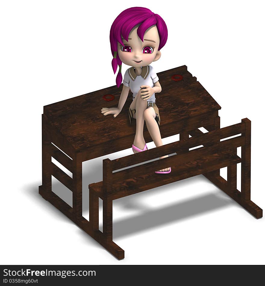 Cute little cartoon school girl sitting on a