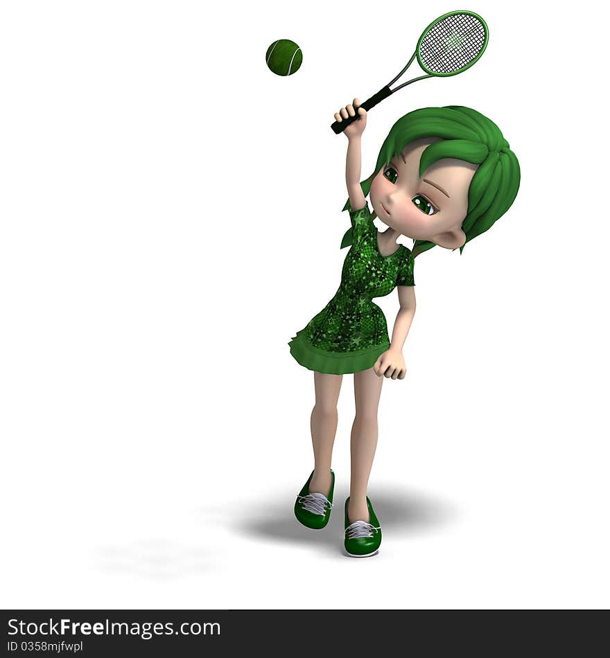 Toon girl in green clothes with racket and tennis ball. 3D rendering with clipping path and shadow over white