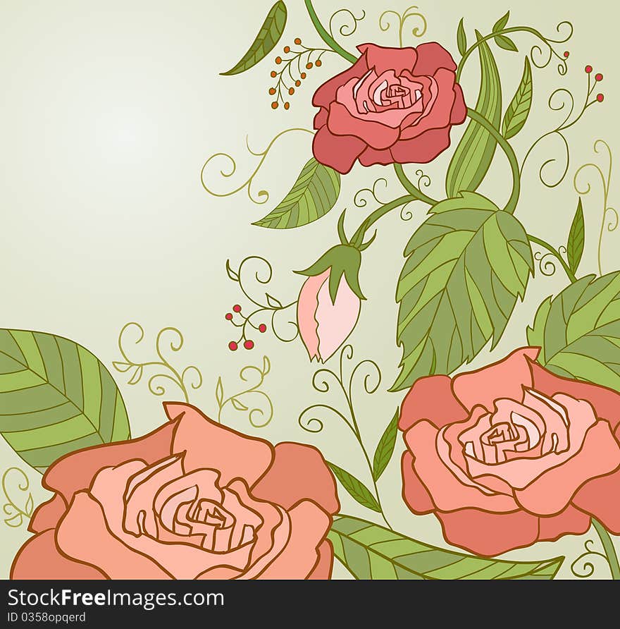 Vector illustration. Sweet Pink Roses inretro style with green leaf