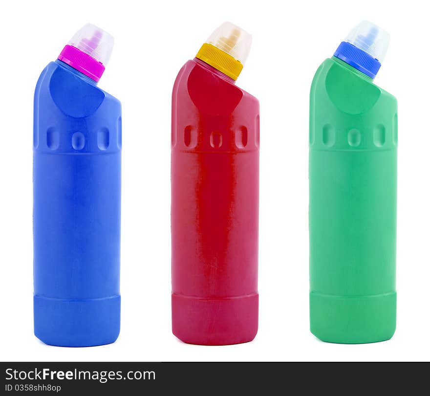 Three flacons of washing liquid isolated over white. Three flacons of washing liquid isolated over white