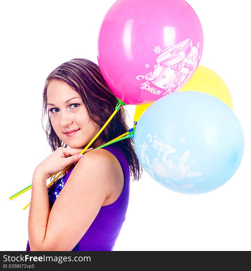 Woman with ballons in studio isolated on white