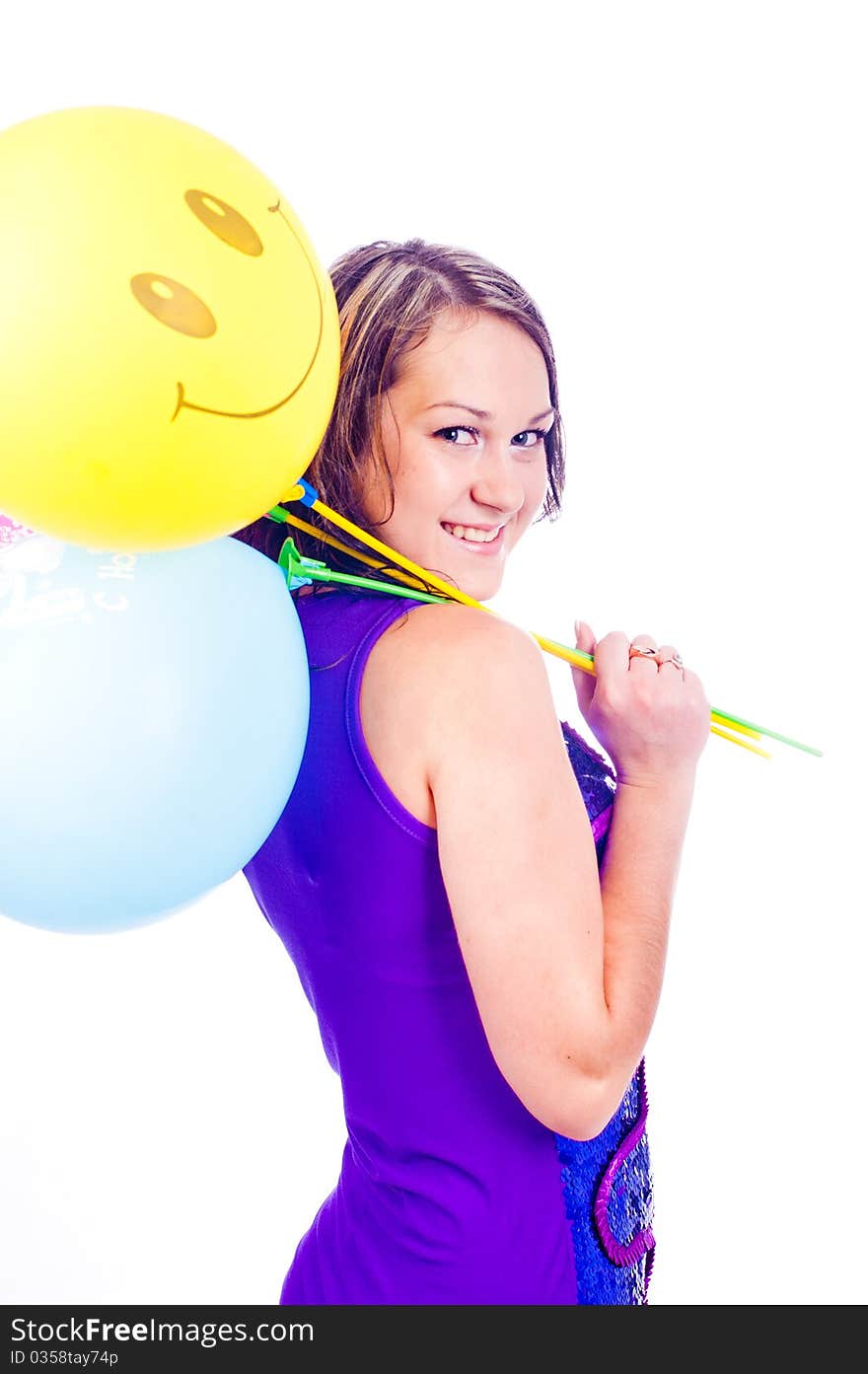 Woman with ballons in studio isolated on white