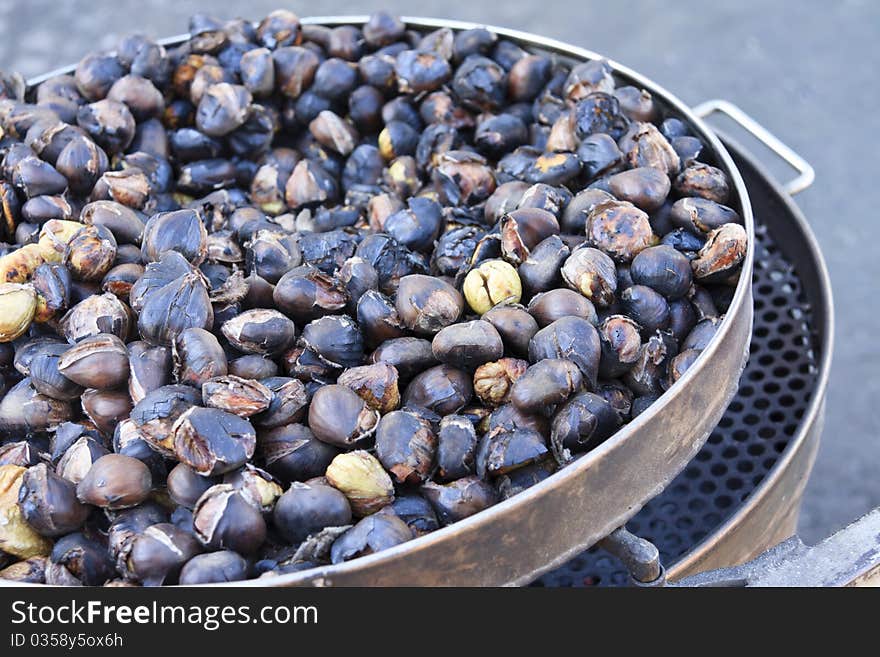 Roasting chestnuts inside a pan