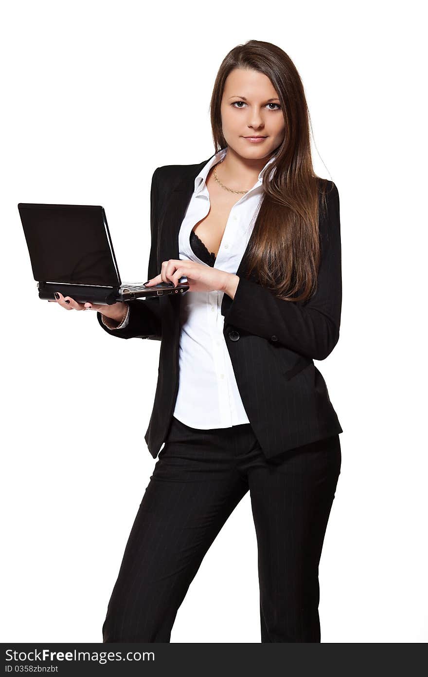 Girl with laptop on white background