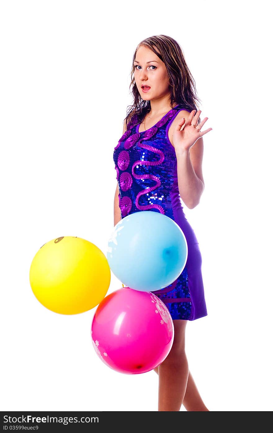 Woman with ballons in studio isolated on white