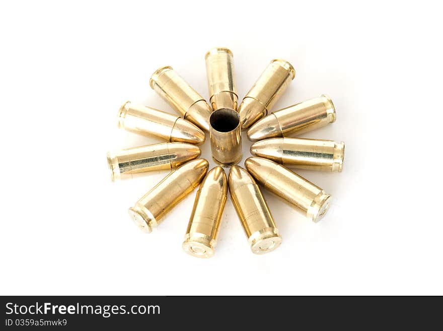 9mm bullets on white background