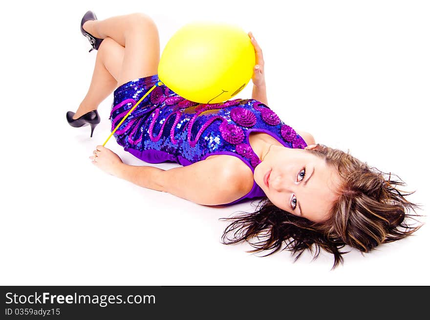 Woman with ballons in studio isolated on white