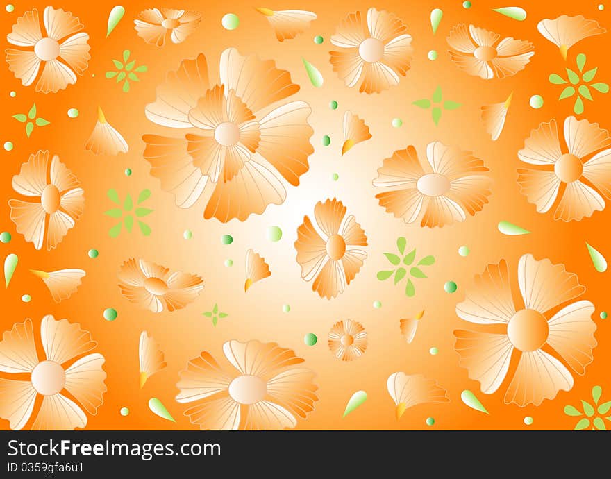 Orange background with flowers, hand drawing, vector, jpg,. Orange background with flowers, hand drawing, vector, jpg,