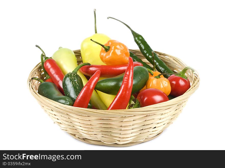 Basket of assorted hot peppers: jalapeno, scotch bonnet, hot cherry, green and red chili peppers, and hot banana peppers. Basket of assorted hot peppers: jalapeno, scotch bonnet, hot cherry, green and red chili peppers, and hot banana peppers.