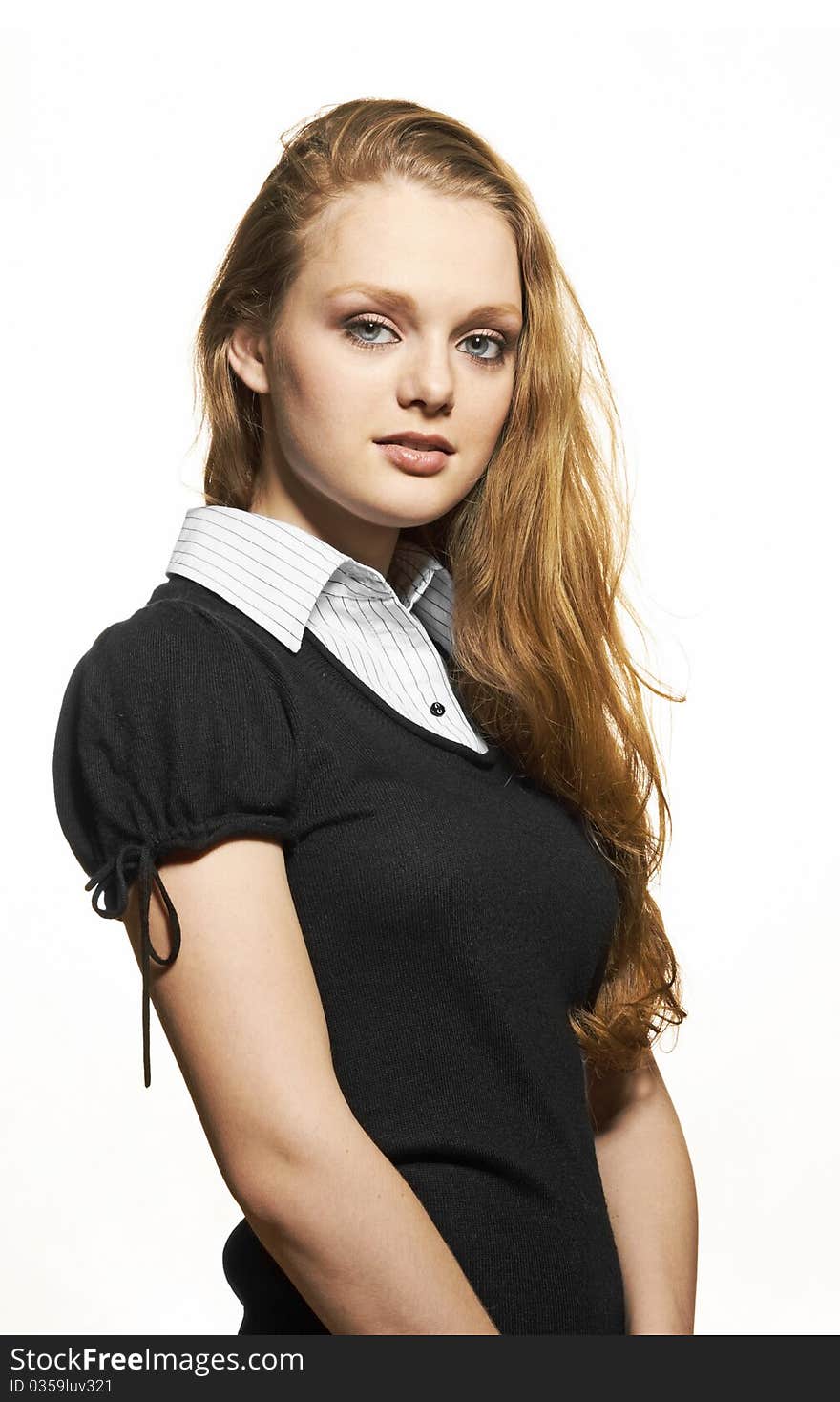 Portrait of a young woman in white background