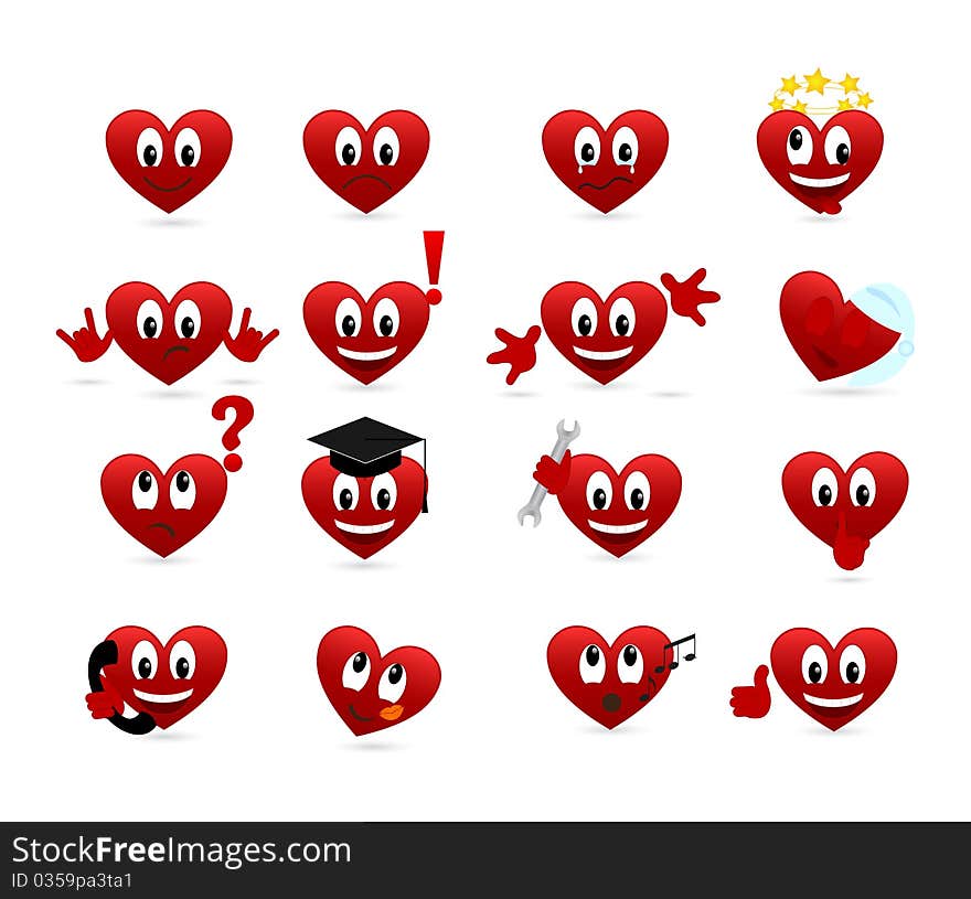 Set of smilies of heart shape with many emotions. Vector illustration.