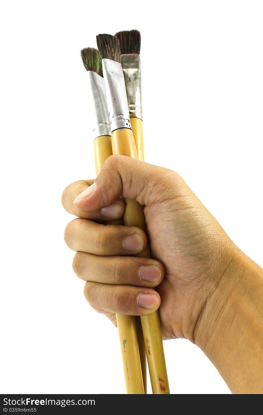 Hand with brush stained isolated on white background. Hand with brush stained isolated on white background