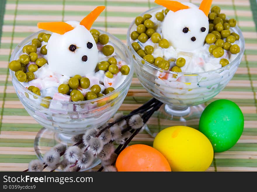 Easter salad, eggs and sprigs of willow