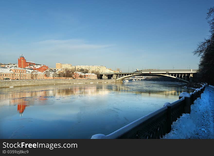 Moscow River and promenade on a clear winter day. Moscow, Russia