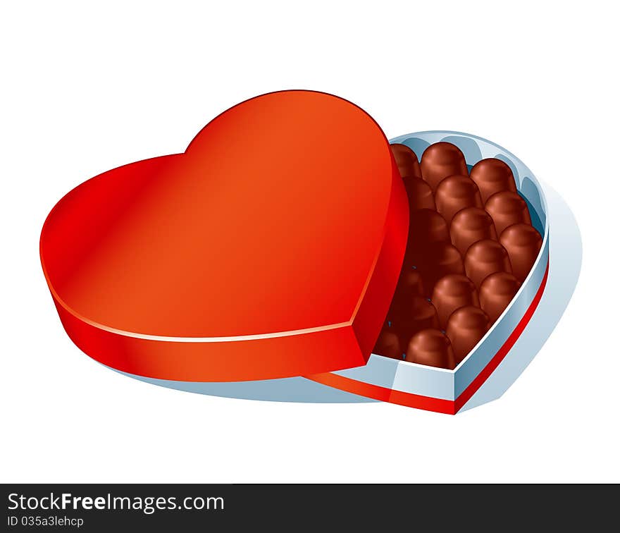 A heart-shaped red box with chocolate sweets. A heart-shaped red box with chocolate sweets.