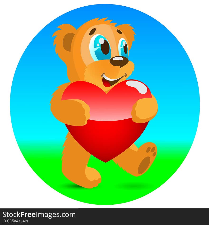 Happy bear with red heart. Vector illustration.