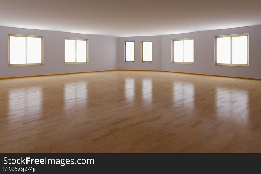 Empty interior with parquet floor (3D rendering)