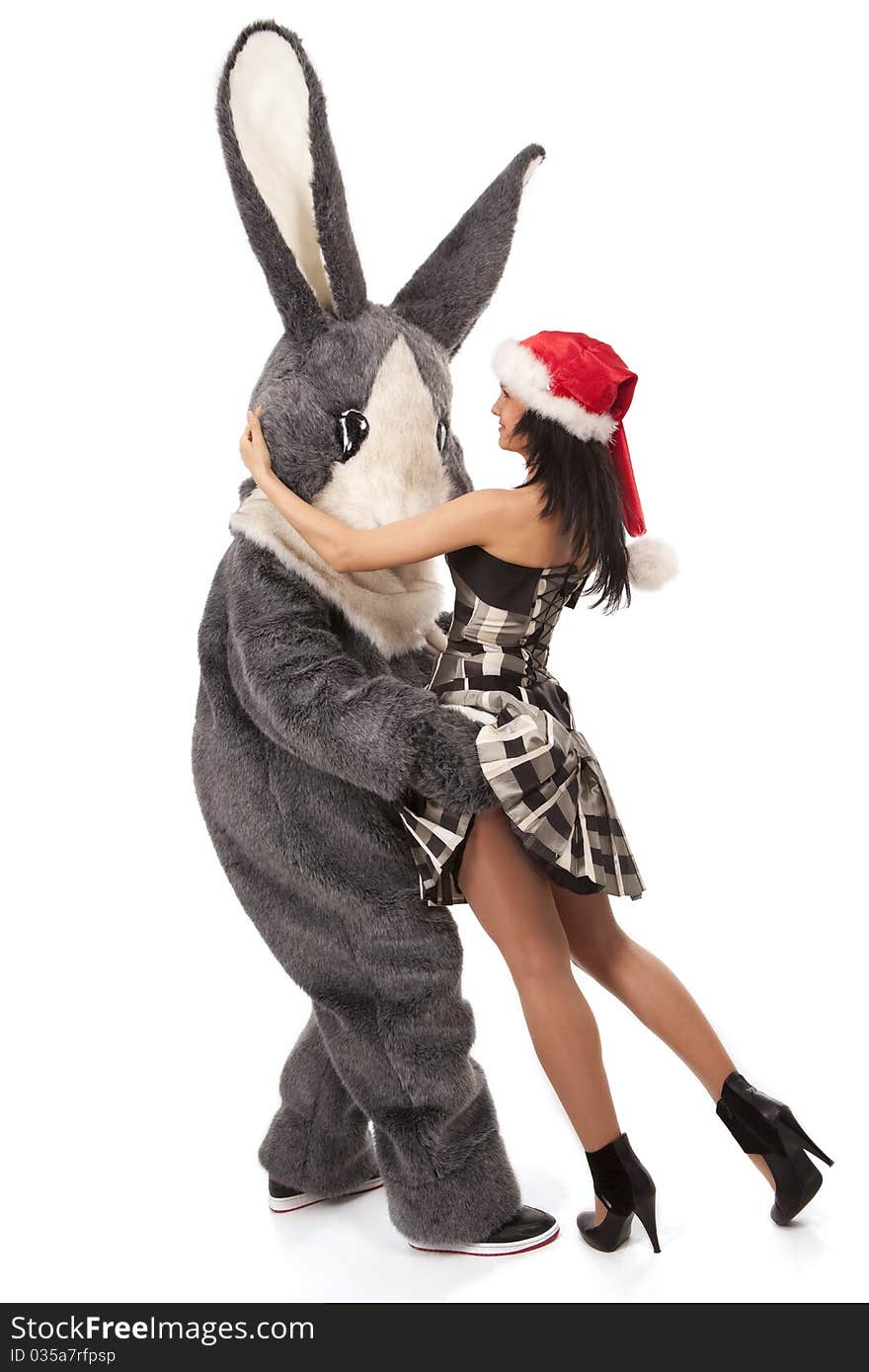 Close-up portrait of a big grey fur's color rabbit flirting with cute girl and keeps trying to get under her skirt. Close-up portrait of a big grey fur's color rabbit flirting with cute girl and keeps trying to get under her skirt.