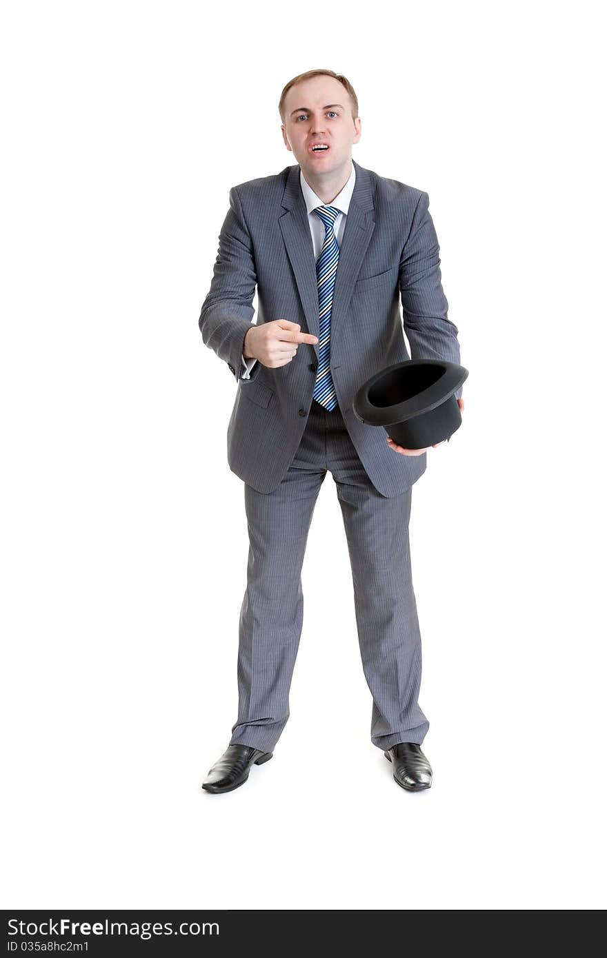 Businessman in a black hat on white background