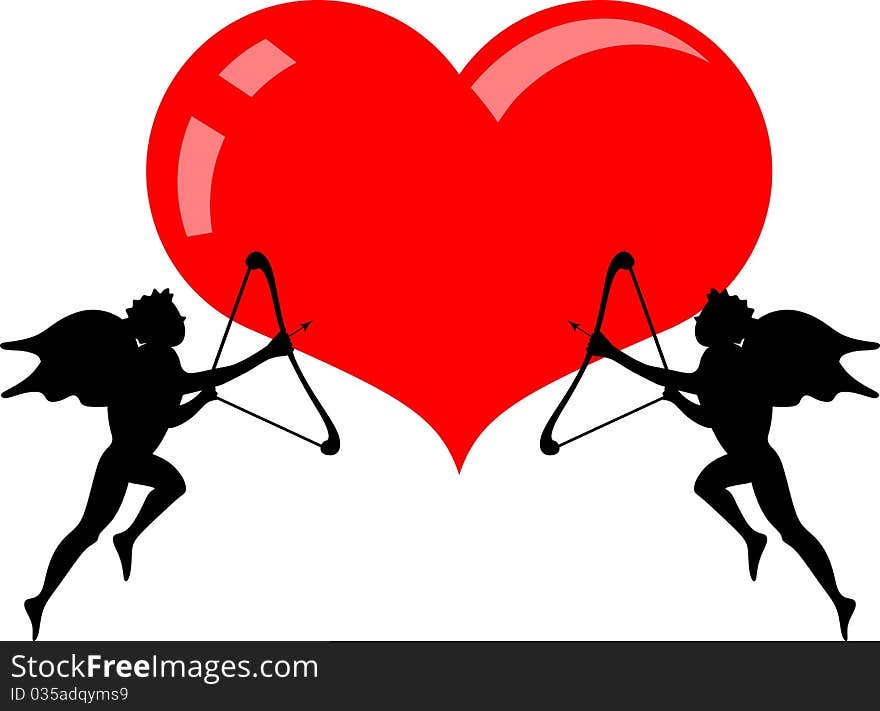 Two cupid silhouettes on heart shape. Two cupid silhouettes on heart shape