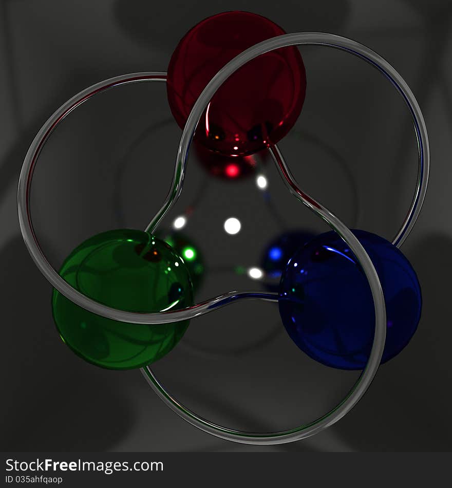 Balls of initial three aditive primary colours. In their eyes are the reflections of combinations of colours, in the center the combination of all (white) and to the outside the combination of none (grey, dark). Balls of initial three aditive primary colours. In their eyes are the reflections of combinations of colours, in the center the combination of all (white) and to the outside the combination of none (grey, dark)