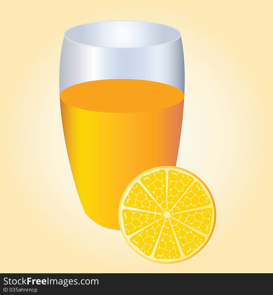 A slice of orange and a glass of orange juice on an orange background. A slice of orange and a glass of orange juice on an orange background.