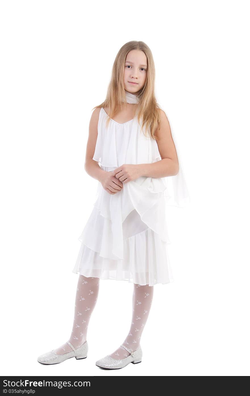 The girl in a white dress on a white background