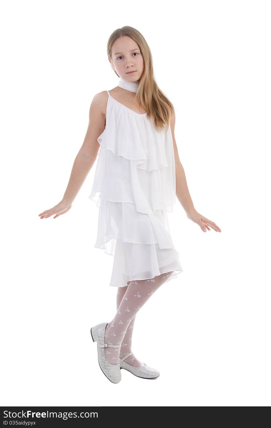 The girl in a white dress on a white background