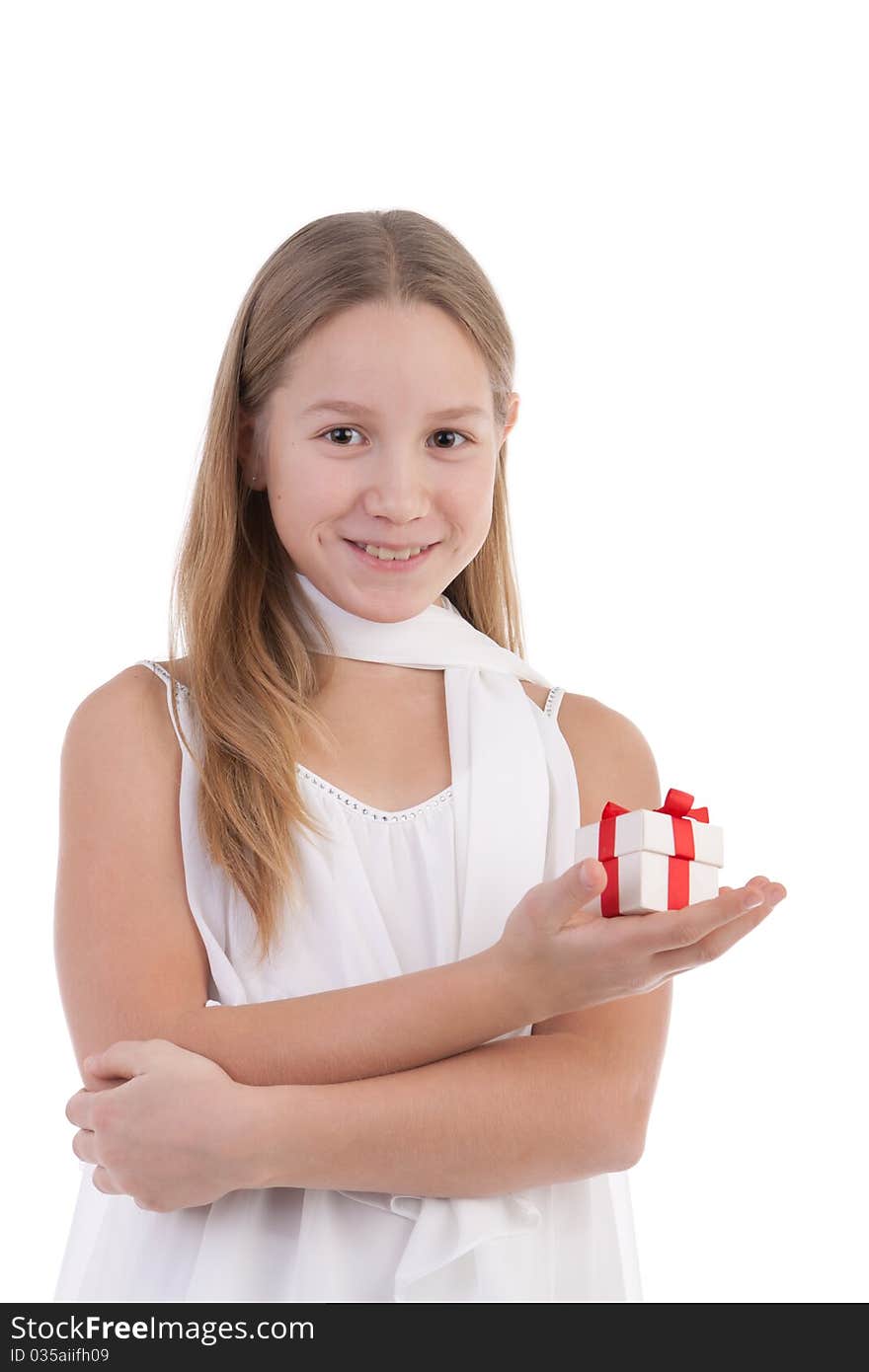 The girl with a gift on a white background