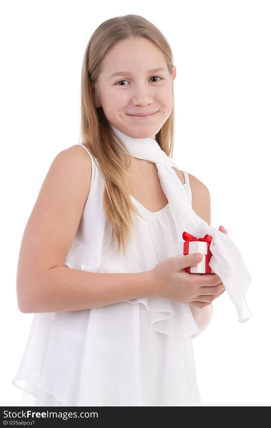 The girl with a gift on a white background