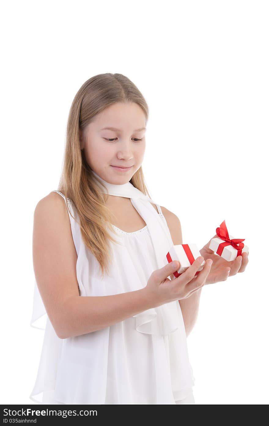 The girl with a gift on a white background