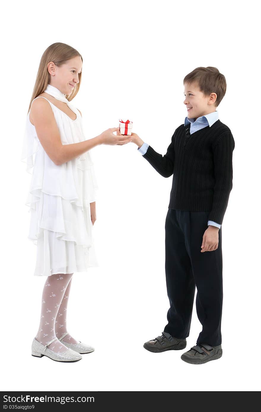 The boy gives to the girl a gift on a white background