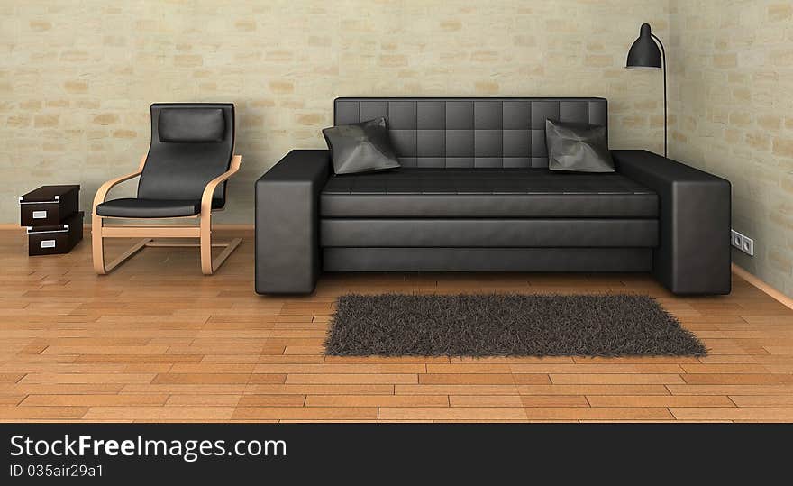 Interior with leather sofa, chair, lamp, rug. Interior with leather sofa, chair, lamp, rug