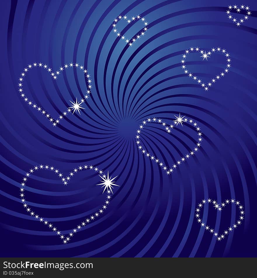 Blue  background with hearts and rays. Blue  background with hearts and rays