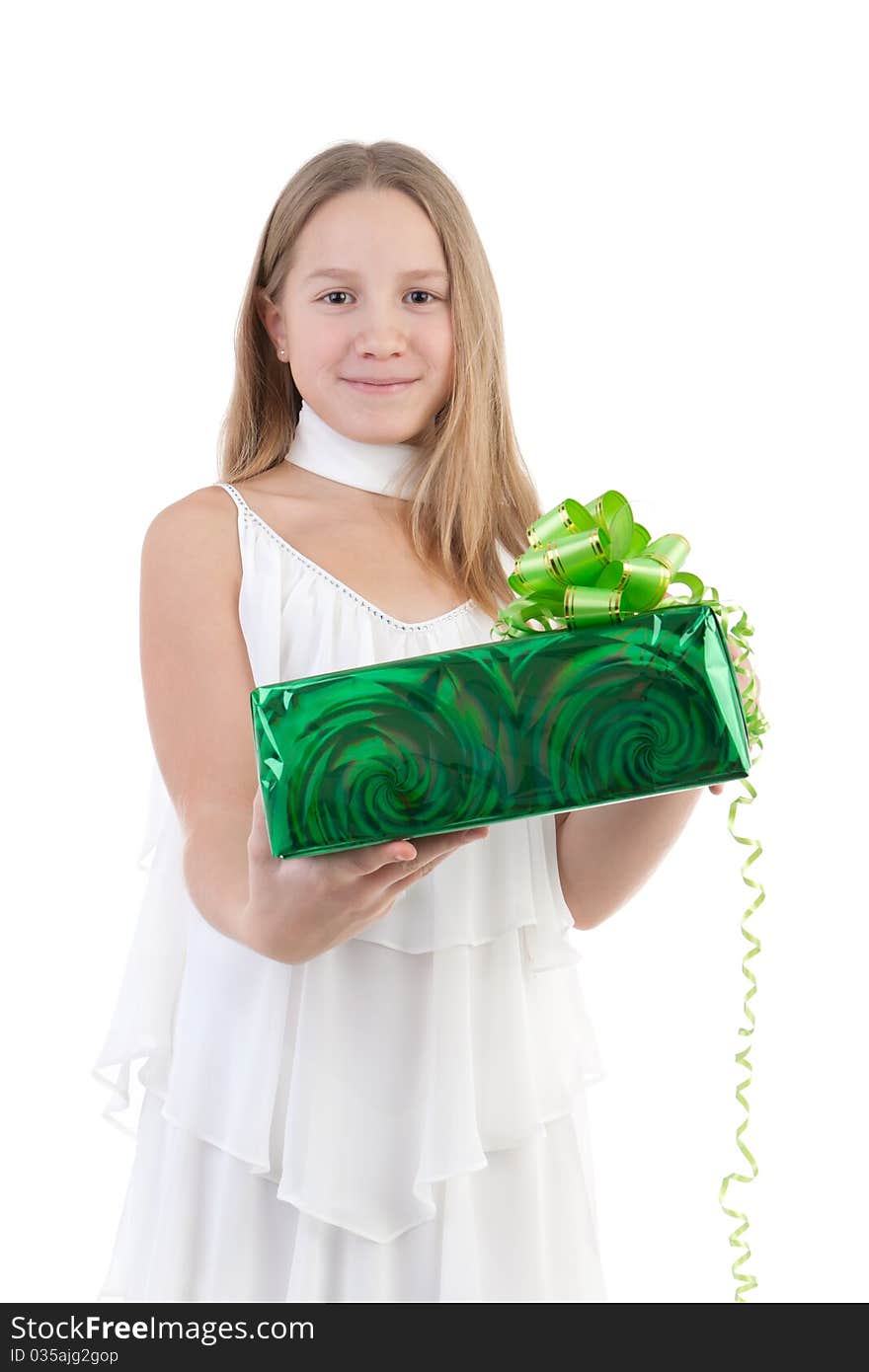 The girl with a gift on a white background