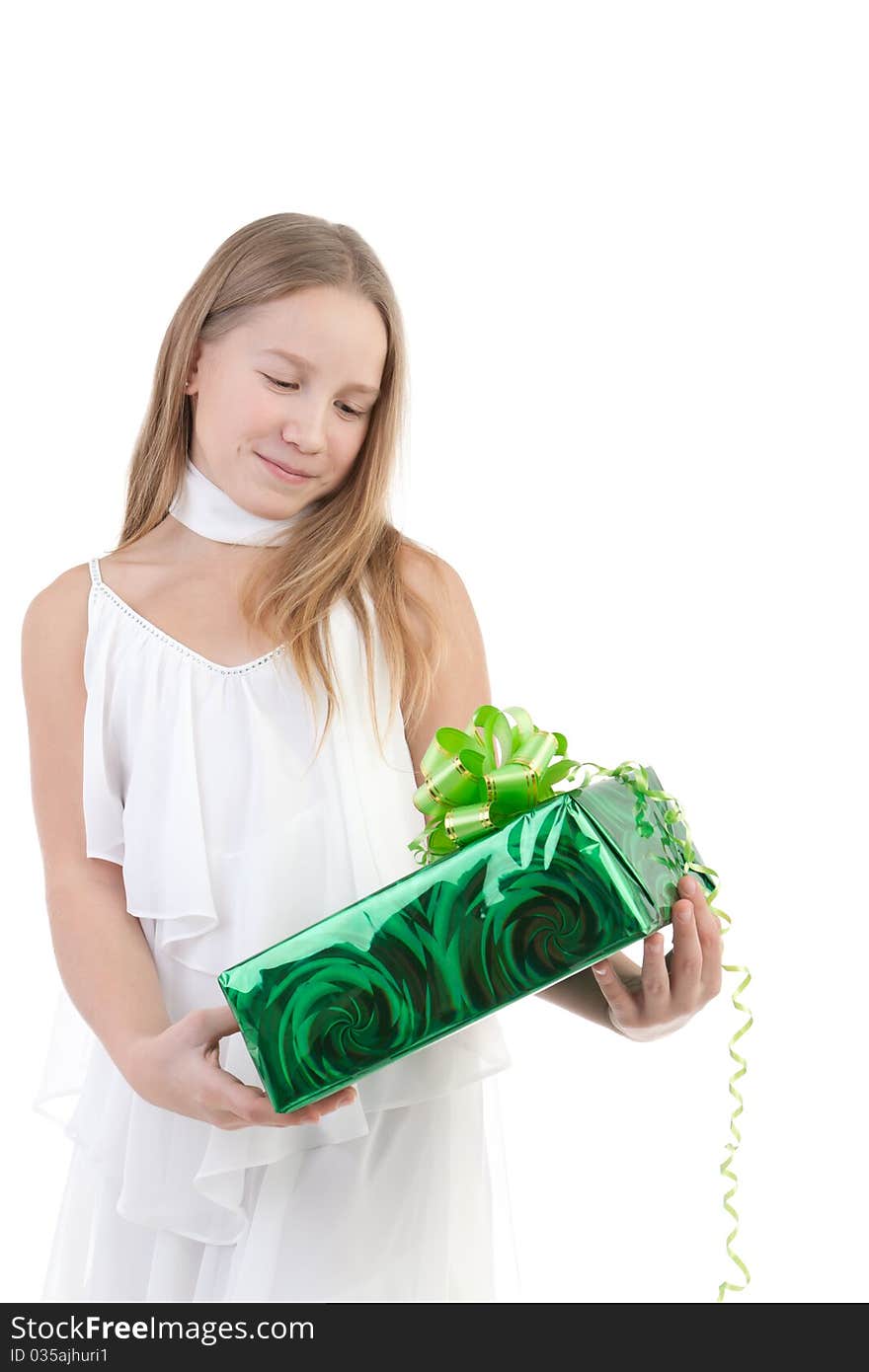 The girl with a gift on a white background