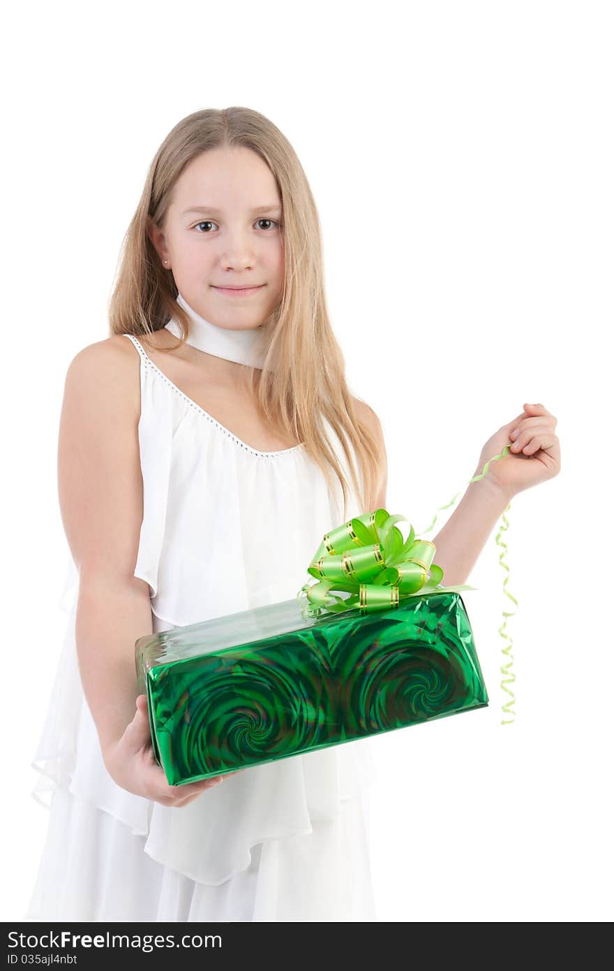 The girl with a gift on a white background