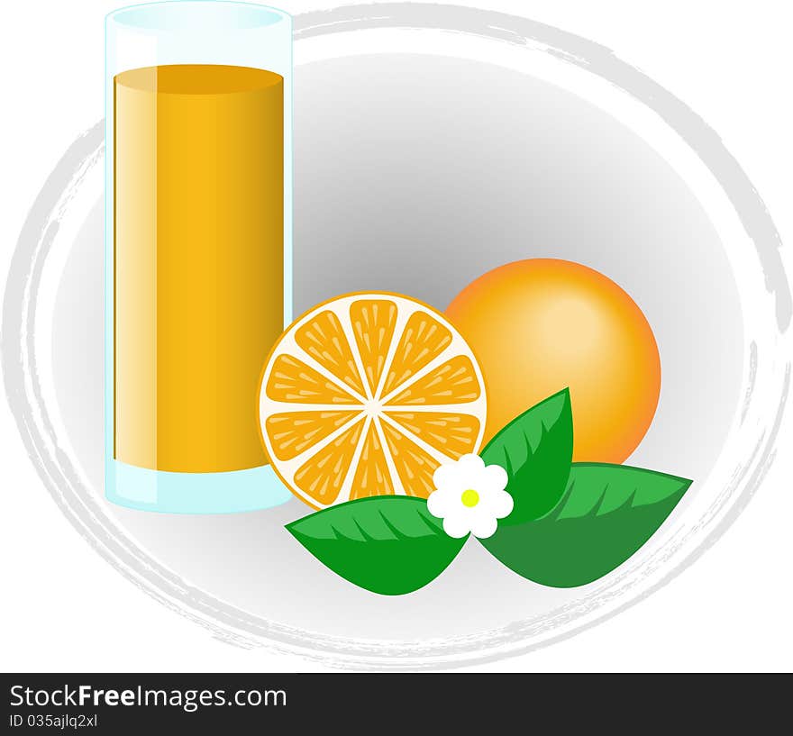 Fruits and flowers of orange and a glass of juice. Fruits and flowers of orange and a glass of juice